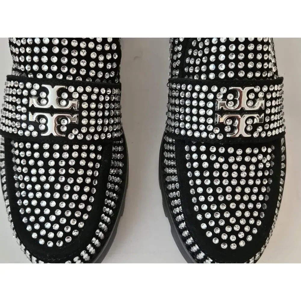 New Tory Burch Chunky Loafer Mini Everly Black Suede Crystals Lug Sole Size 7M